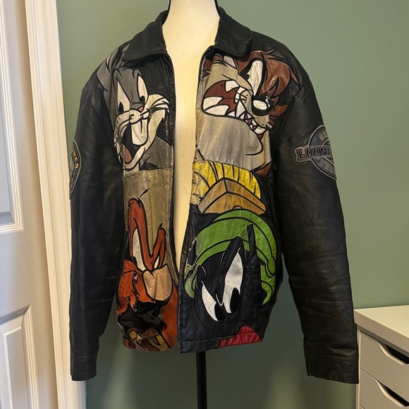 Warner Bros. Other - Warner Bros. Looney Tunes Black and Multicolor Cartoon Leather Bomber Jacket
